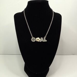 Soccer Goal Rhinestone Pendant Necklace Silver Tone Enamel Fashion Jewelry 7.5in